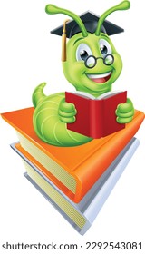 A bookworm caterpillar worm cartoon character education mascot reading on a pile of books wearing graduation hat and glasses 