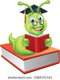 A bookworm caterpillar worm cartoon character education mascot reading while sitting on a pile of books wearing graduation mortar board hat and glasses