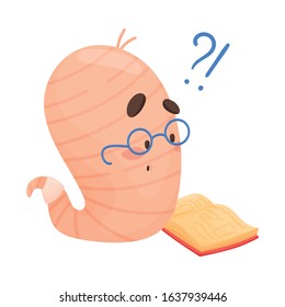 Bookworm Character Reading Book with Puzzled Look on Its Face Vector Illustration