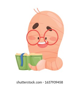Bookworm Character Reading Favorite Book Smiling Vector Illustration
