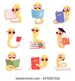 Bookworm characters. Worms kids reading books school little baby animal in library vector collection. Illustration of bookworm with books, earthworm education