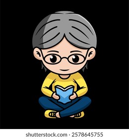 Bookworm chibi mascot character reading a book, sitting cross legged in black background