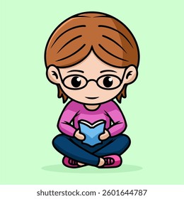 Bookworm chibi mascot character reading a book, sitting cross legged