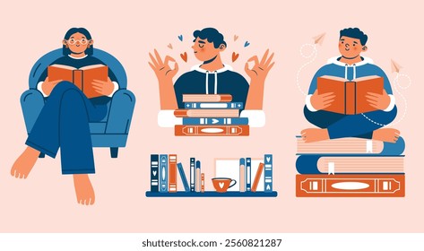 Bookworm concept. Set of vector illustrations with reading people. Cartoon persons, stack of books, bookshelf, woman sitting in armchair with open book. Flat Design. Naive cute clip arts. Stickers.