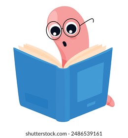 Bookworm funny cartoon character worm reading book isometric vector illustration. Comic smart cute animal creature in eyeglasses studying learning education knowledge textbook library bookstore