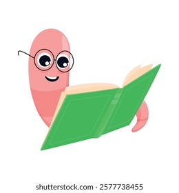 Bookworm funny cartoon worm in glasses reading book isometric vector illustration. Cute comic character in eyeglasses learning studying literature library bookstore back to school