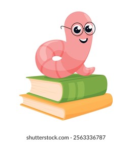 Bookworm funny cartoon worm on book stack isometric vector illustration. Cute comic smart character in glasses education literature knowledge library school lesson bookshop information search