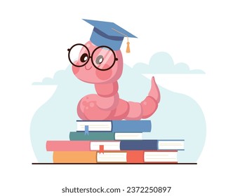 Bookworm in graduation hat and glasses sits on books. Education and knowledge symbol. Studying earthworm. Cute worm nerd mascot. Cartoon flat style isolated vector learning concept