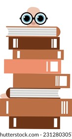 Bookworm Hiding Behinds Stack of Books