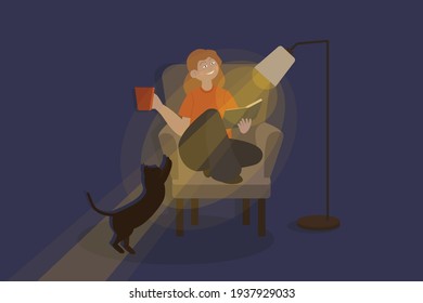 Bookworm at home with her cat 