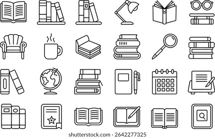 Ícones da linha Bookworm biblioteca estudo de conhecimento ilustração elementos de educação