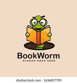 Bookworm logo mascot, worm reading a book logo vector illustration on light background