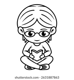 Bookworm mascot chibi character reading a book, sitting cross legged in black and white line art