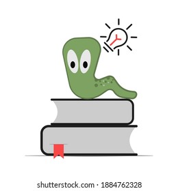 A bookworm on a pile of books. Creative idea concept. Flat style illustration. 