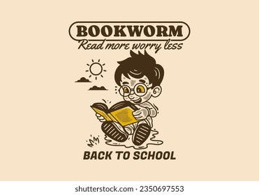 Bookworm, read more worry less, vintage illustration of a little boy sitting and reading a book