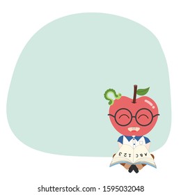 Bookworm reading preshool book. Smiling apple and worm. Cartoon vector illustration with space for text