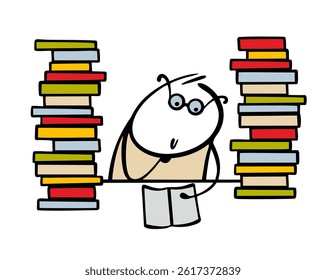 Bookworm sits at a table in a library among a mountain of books. Vector illustration of a smart student reading a textbook, preparing for exams. Cartoon character isolated on white background.