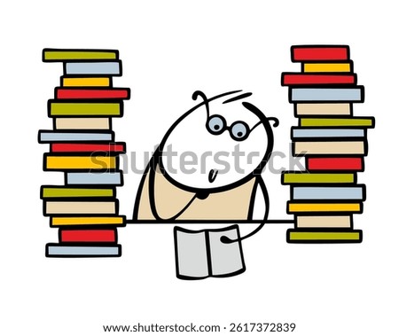 Bookworm sits at a table in a library among a mountain of books. Vector illustration of a smart student reading a textbook, preparing for exams. Cartoon character isolated on white background.