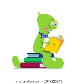 Bookworm sitting on a pile of books reading a book. Clever bookworm reader wearing glasses funny caricature. Flat style isolated vector character illustration