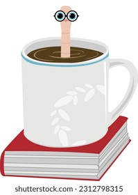 Bookworm Swimming in Cup of Coffee on Top of Book