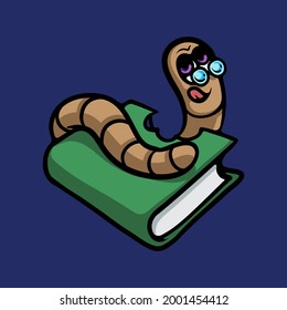 Bookworm vector concept. Smart geek character symbol. Drawing isolated on blue background