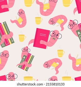 Bookworm.Handgezeichnet nahtlose Muster Bücher und Bücher.Trinken Sie Kaffee und lesen Sie Bücher .  Cartoon-Stil