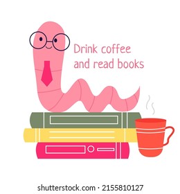 Gusano de libros. Ilustraciones de libros y libros de lectura educativa dibujadas a mano.  Estilo de la caricatura