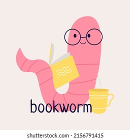 Bookworm.Read more books. A set of different bookworm in glasses and books. Hand-drawn educational vector illustrations.  Cartoon style