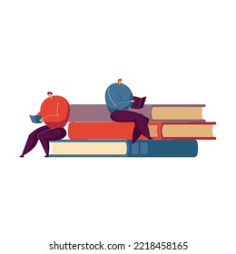 Bookworms or book lovers enjoying reading in library or bookstore. Students studying textbooks. Vector illustration for literature, hobby, education, readers concept