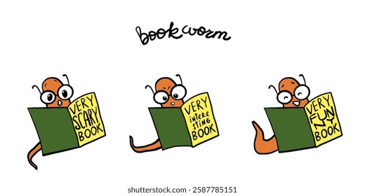 Bookworms reading and looks out books in eyeglasses; large vector banner with handwritten doodle text; scary, funny and interesting bookcovers, cartoon style illustration of book worms. 