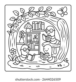 Bookworms' Tree Library – Tiny Gardens Coloring Page