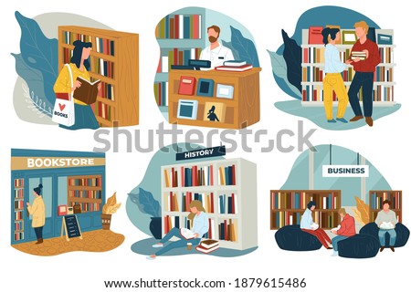 Bookworms visiting public library or book store buying books to read. People, students reading textbooks and purchasing new publications in department of history and business. Vector in flat style