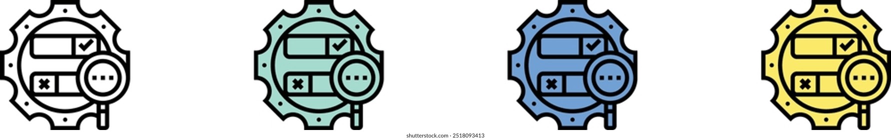 boolesches Suchsymbol. Kontur, Design im grünen, blauen und gelben Stil einzeln auf weißem Hintergrund