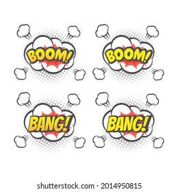 Animación vectorial colorida con explosión de explosión y explosión. ¡Bang! ¡Boom! cómic con letras de texto.