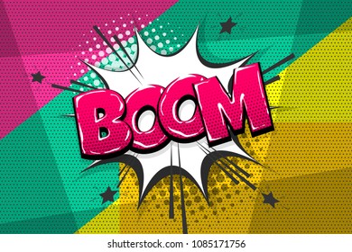 Boom, bang, wow comic text speech bubble. Colored pop art style sound effect. Halftone vector illustration banner. Vintage comics book poster. Colored funny cloud font.