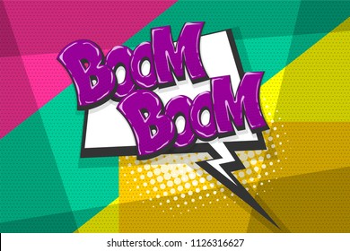 Boom, bang, wow comic text speech bubble. Colored pop art style sound effect. Halftone vector illustration banner. Vintage comics book poster. Colored funny cloud font.