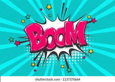 Boom, bang, wow comic text speech bubble. Colored pop art style sound effect. Halftone vector illustration banner. Vintage comics book poster. Colored funny cloud font.