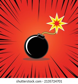 Boom bomb comic text on speech bubble cartoon pop art style. Red background. Boom object about to explode