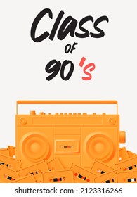 Boom Box And Cassette Tapes In Mood Of 90's Nostalgia Realistic Pastel Color Scheme Vector Illustration