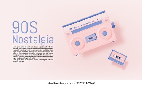 Boom Box And Cassette Tapes In Mood Of 90's Nostalgia Realistic Pastel Color Scheme Vector Illustration