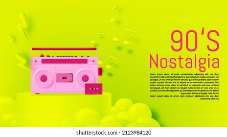Boom Box And Cassette Tapes In Mood Of 90's Nostalgia Realistic 90'sl Color Scheme Vector Illustration