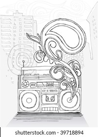 Boom box with cityscape