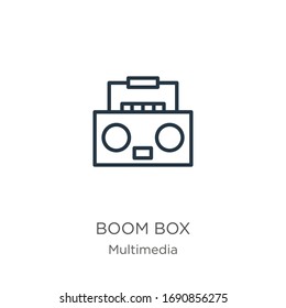 Boom box icon. Thin linear boom box outline icon isolated on white background from multimedia collection. Line vector sign, symbol for web and mobile