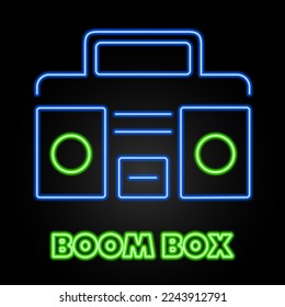 boom box neon sign, modern glowing banner design, colorful modern design trends on black background. Vector illustration.