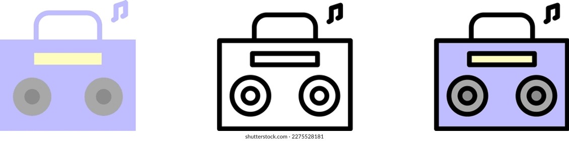 Boom box, note vector icon in different styles. Line, color, filled outline