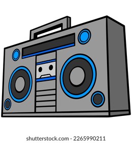 Radio Boom Box - Una caricatura ilustrativa de la radio Boom Box de estilo 80.