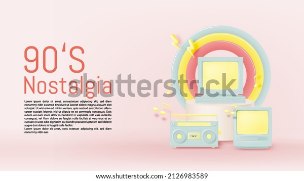 Boom box ,TV and\
Desktop PC in mood of 90\'s nostalgia realistic 3d 90\'s pastel color\
scheme vector\
illustration