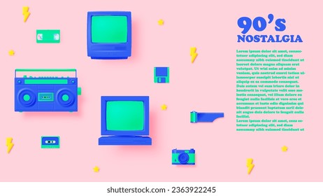 Boom box ,TV, film camera and Desktop PC in mood of 90's nostalgia realistic 3d 90's pastel color scheme vector illustration