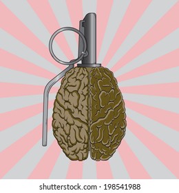 Boom. Brain Grenade, Hand Drawn, Vector Illustration