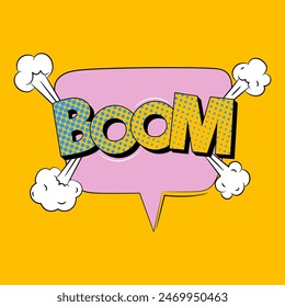 BOOM cartoon explosions comical speech bubble in trendy pop art style. Bright cartoon message